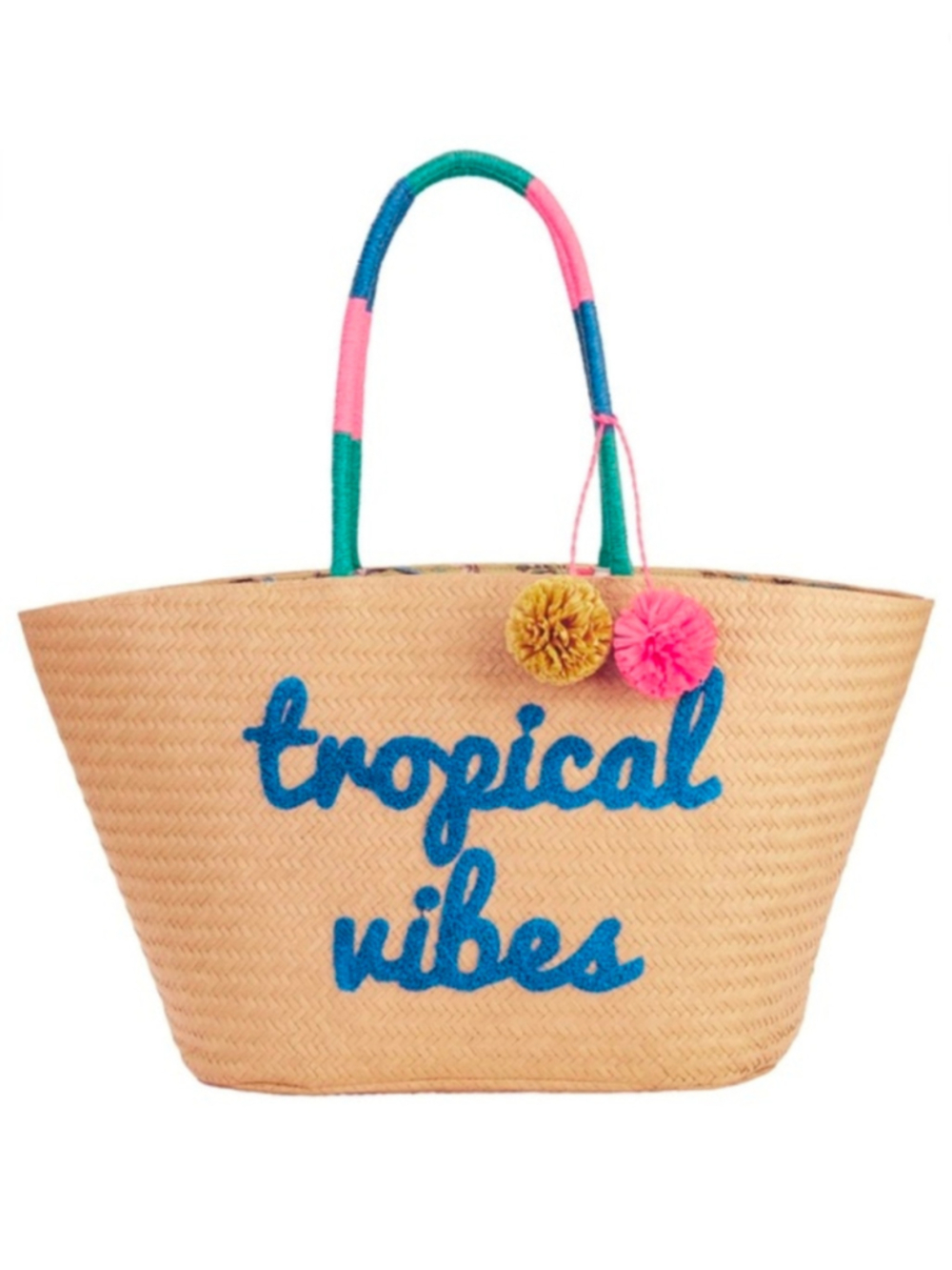 TIME AND TRU STRAW LARGE BEACH TOTE BAG BLUE EMBROIDERED POM POMS